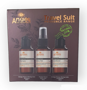 Angel En Provence Trio Travel Set. Orange Flower For Coloured Hair. Shampoo, Condtioner, Shine Mist. All 80mls