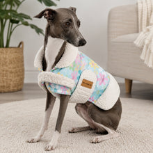 Load image into Gallery viewer, Iggy Small Dog Wearing White Sherpa Daisy Dog Coat indoors | Handmade in New Zealand