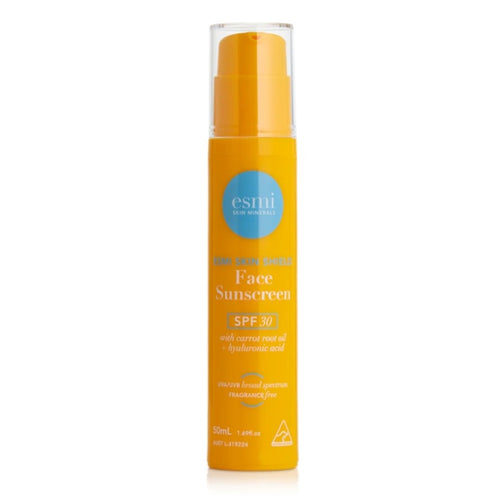 Esmi skin minerals - skin shield face sunscreen spf30 with Carrot Root Oil and Hyaluronic Acid. Fragrance free. 50ml. Stylecom.nz 