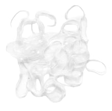 Load image into Gallery viewer, Small silver tin of x100 clear polyband hair ties to reduce friction and breakage. Available at Stylecom.nz 